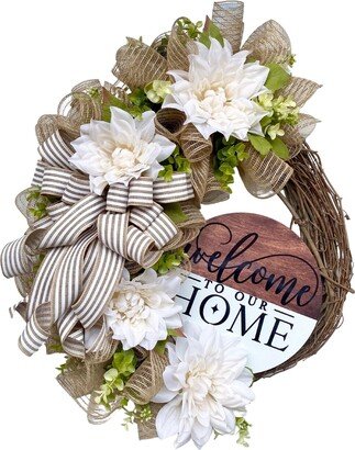 Welcome To Our Home Wreath, Everyday Neutral Front Door Wreath Year Round, Grapevine With Flowers