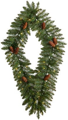 Holiday Christmas Geometric Diamond Wreath with Pinecones and 50 Warm Led Lights, 3'
