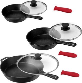 MegaChef Pre-Seasoned 9 Piece Cast Iron Skillet Set with Lids and Red Silicone Holder