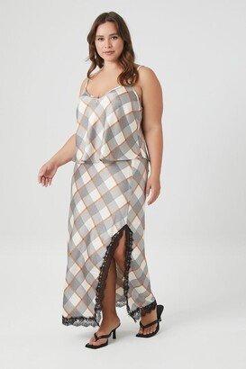 Women's Satin Plaid Print Maxi Skirt in Grey, 1X