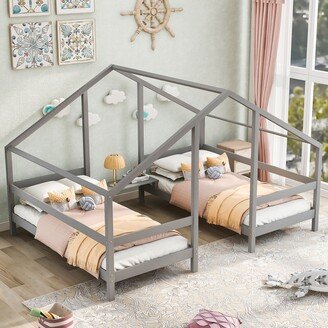 TOSWIN Concise and Stylish Double Twin Size Triangular House Beds Platform Bedwith Built-in Table, Solid Construction, Gray