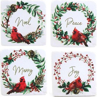 GANZ Tabletop Cardinal Wreath Coaster Set/4 - Four Coasters 4 Inches - Joy Peace Noel Merry - Cx178898 - Stoneware - Multicolored