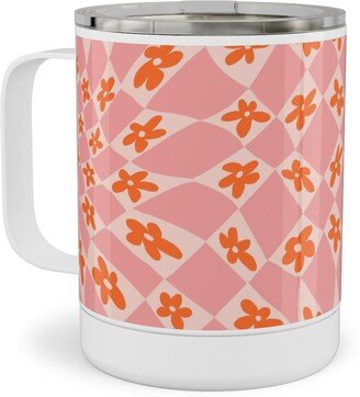 Travel Mugs: Trippy Checker - Floral - Pink And Orange Stainless Steel Mug, 10Oz, Pink