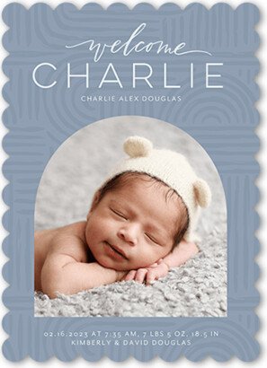 Birth Announcements: Patterned Arch Birth Announcement, Blue, 5X7, Matte, Signature Smooth Cardstock, Scallop