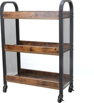 EDWINRAY 3 Tier Wood and Metal Kitchen Cart with Mesh Side Panel, Rustic Modern Furniture with 2 Open Shelves