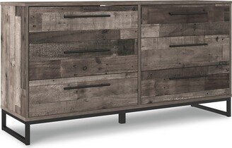 Keni 59 Inch Dresser, 6 Drawers, Rustic Brown Frame, Metal Bracket Base