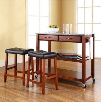 Solid Granite Top Kitchen Cart Island With 24 Upholstered Saddle Stools