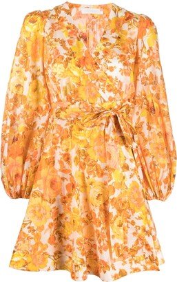 Orange Raie Floral Print Wrap Mini Dress