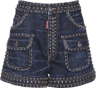 Low rise studded baggy denim shorts