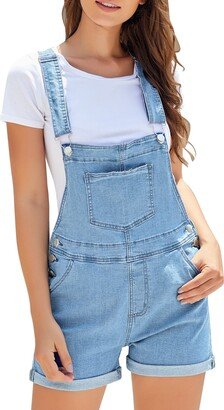 GRAPENT Women's Casual Ripped Stretchy Denim Shortalls Adjustable Straps Cuffed Hem Summer Bib Overall Jean Short Shorts Light Indigo Blue Color Size Large Size 12 - Size 14