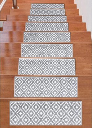 Beverly Rug Indoor Non Slip Carpet Stair Treads w/ Installed Tape 9x 28 Trellis Grey / Ivory