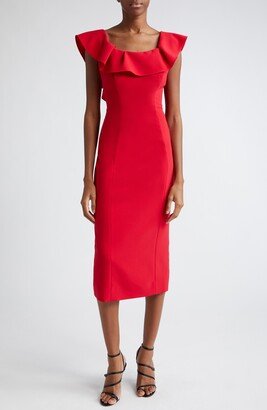 Ruffle Neck Sleeveless Crepe Pencil Dress