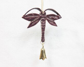 Dragonfly Ceramic Bell Mobile. Handmade Tile Ornament. Chime. Purple Sun Catcher . India Brass Fan Pull