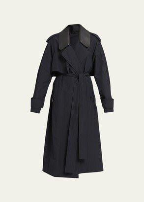 Tech Faille Trench Coat with Leather Collar