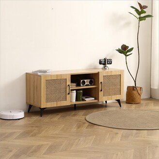 Freya Oak 51.18 Rattan TV Stands with 2 Rattan Cabinet Doors And 2 Open Shelves For TVs Up to 60-Maison Boucle