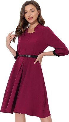 Allegra K Women' A Line Sweetheart Neck 3/4 Sleeve Belt Vintage Cocktail Dree Burgundy Medium