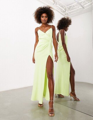 Bridesmaid satin cami maxi dress with drape detail in apple green