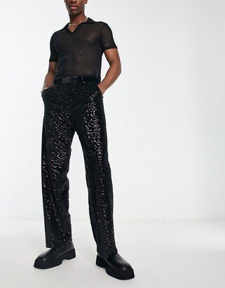 smart wide leg pants in black sequin