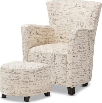 Benson French Script Patterned Fabric Club Chair and Ottoman Set - Beige