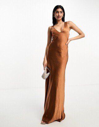 Six Stories Bridesmaids twist back satin slip dress in rust