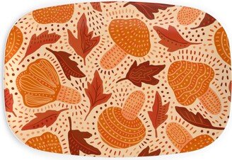 Serving Platters: Autumn Mushrooms And Fallen Leaves Serving Platter, Orange