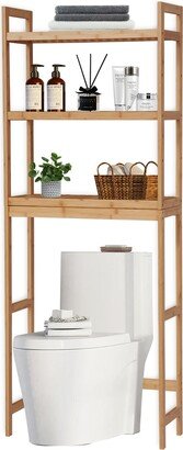 Kinbor Bamboo Over-The-Toilet Organizer Rack, Freestanding Bathroom Storage Shelf with Adjustable Shelf for Small Bathroom