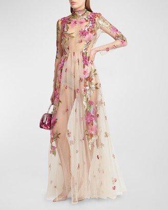 Embroidered Tulle Illusion Gown with Floral Details