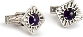 Vintage Square Shape Cufflinks Texture Design Made Of 925 Sterling Silver With Purple Amethyst Stones, Mens Gift For Groom - Made in Israel