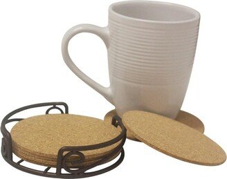 Natural Cork 6 Piece Coaster Set with Scroll Collection Steel Holder