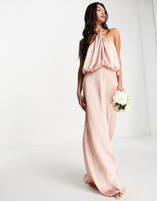 Pretty Lavish Bridesmaid Sammie halterneck satin maxi dress in blush