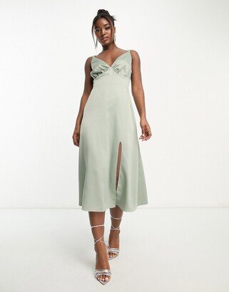 Bridesmaid satin midi dress with split in sage green