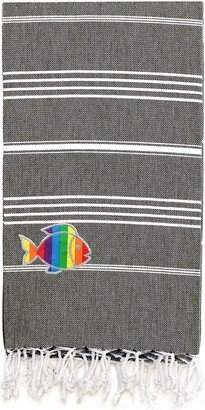 100% Turkish Cotton Lucky Sparkling Rainbow Fish Pestemal Beach Towel - Black