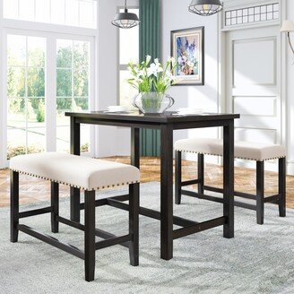 RASOO 3-Piece Rustic Wooden Counter Height Dining Set with Upholstered Benches