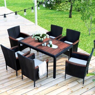 7-Piece Outdoor Patio PE Rattan Wicker Dining Set,Acacia Wood Tabletop and Stackable Armrest Chairs