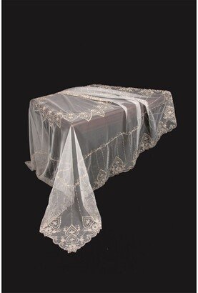 Exquisite Heart Lace Embroidered Tablecloth with Beaded Accents