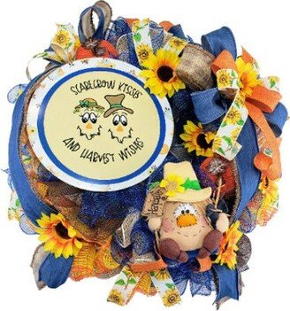 Large Primitive Fall Scarecrow Door Wreath - x9 Inches, Handcrafted With Deco Mesh, Faux Pumpkins, Sunflowers, Bows & Ribbons-Tct1402
