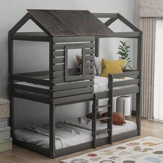 Twin Over Twin Wood Bunk Bed with Roof, Window, Guardrail, Ladder Gray