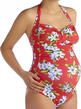 Retro Hibiscus Coral Printed Maternity Swimsuit