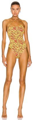 Zebra Print Asymmetric Neckline Swimsuit in Yellow