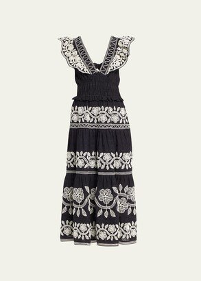 Beck Embroidered Flutter-Sleeve Maxi Dress