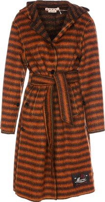 Belted Waist Striped Hooded Coat