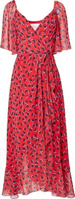 Heart-Print Chiffon Wrap Midi-Dress