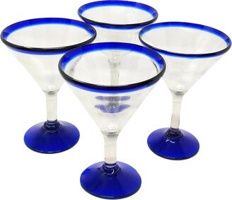 Hand Blown Glassware - Set Of 4 Mexican Modern Margarita Glasses Blue Rim | 12 Oz