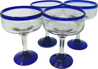 Hand Blown Glassware - Set Of 4 Mexican Blue Rim Margarita Glasses | 16 Oz