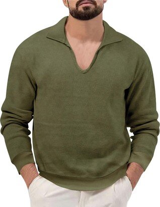 asjyhkr Men's Autumn and Winter Lapel V-Neck Elastic Solid Color Casual Knitted Sweater