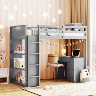 GEROJO Gray Solid Pine Wood Twin Size Loft Bed with Shelves, Drawers, and Desk, Maximized Space & Multi-function