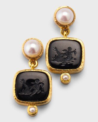 19K Pearl Earrings with Swinging Putto and Goose