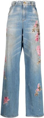 Floral-Embroidered Boyfriend Jeans