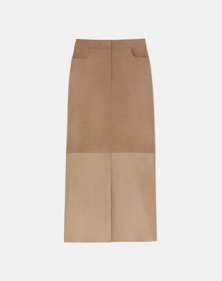 Nubuck Suede Nappa Leather Two Tone Midi Skirt