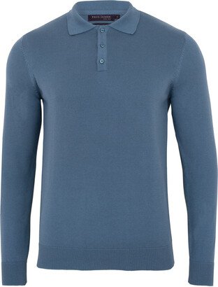 Paul James Knitwear Mens Cotton Hall Long Sleeve Knitted Polo Shirt - Bluestone